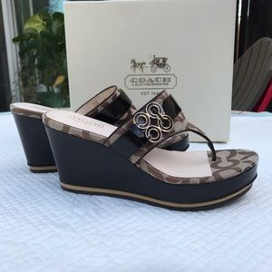 Coach Patent Brown Canvas Wedge Sandal